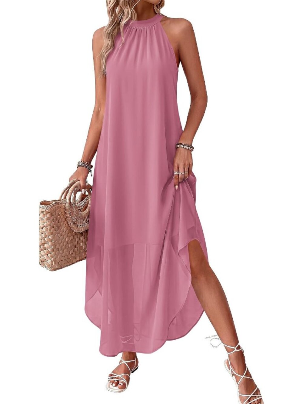 Women's Pink Summer Long Flowy Wedding Guest Halter Pockets Maxi Party Dresses